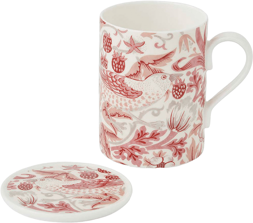 Mugg- och glasunderläggsset Strawberry Thief Madder, från Morris & Co, i färgen Red.