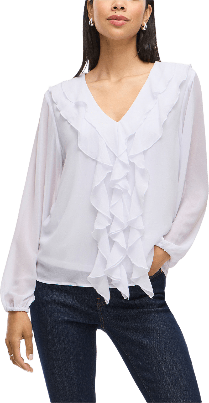 Vila Blouse VIANE L/S V-NECK FRILL TOP, från Vila, i färgen Snow White.