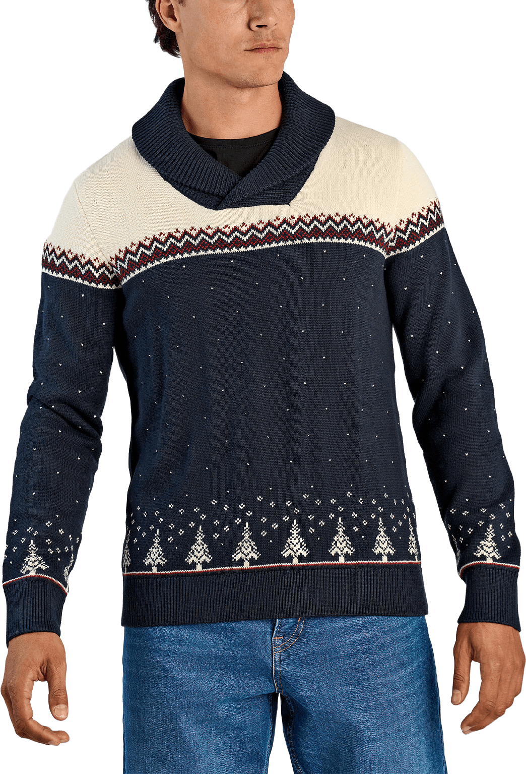 Xmas shawl collar Knit, från Lindbergh, i färgen Navy.