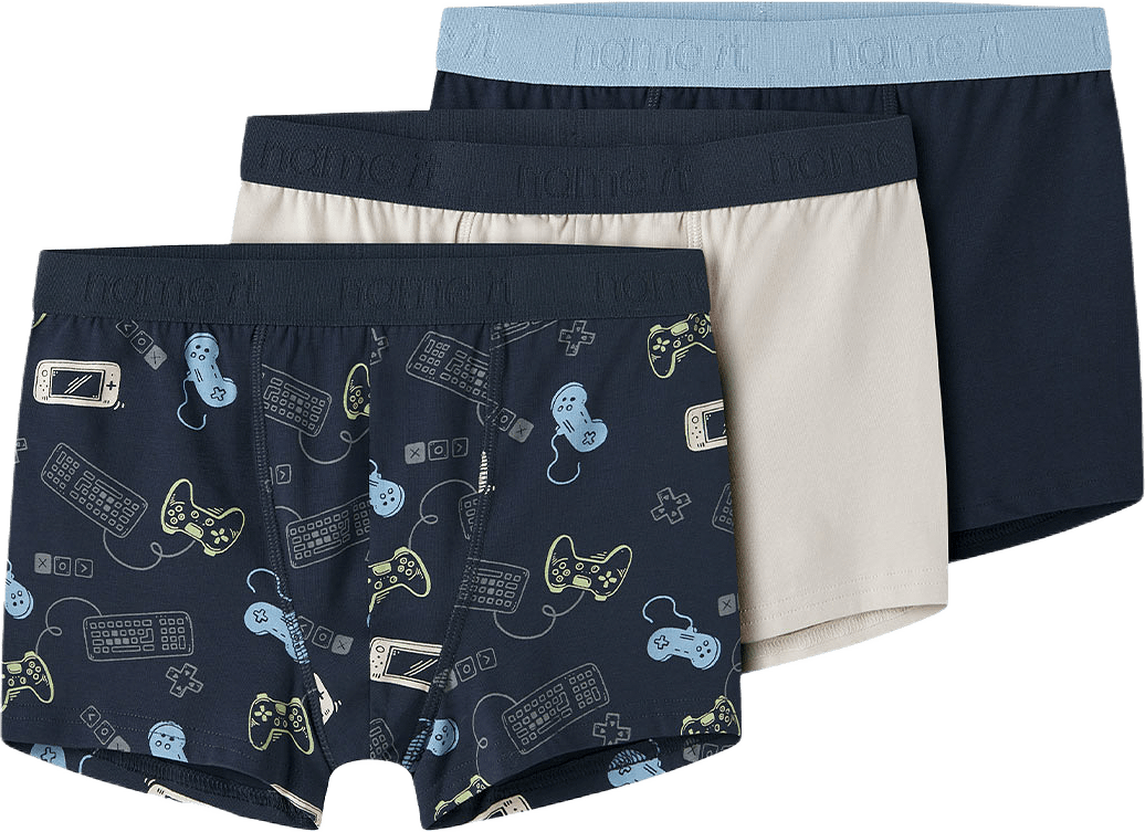 NKMBOXER 3P NAVY GAMER, från Name It, i färgen Navy Blazer W/ Pumice Stone + Navy Blazer.