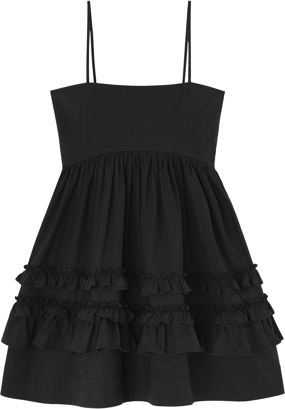 Stretch Cotton Mini Strap Dress w. Frills, från GANNI, i färgen Black.