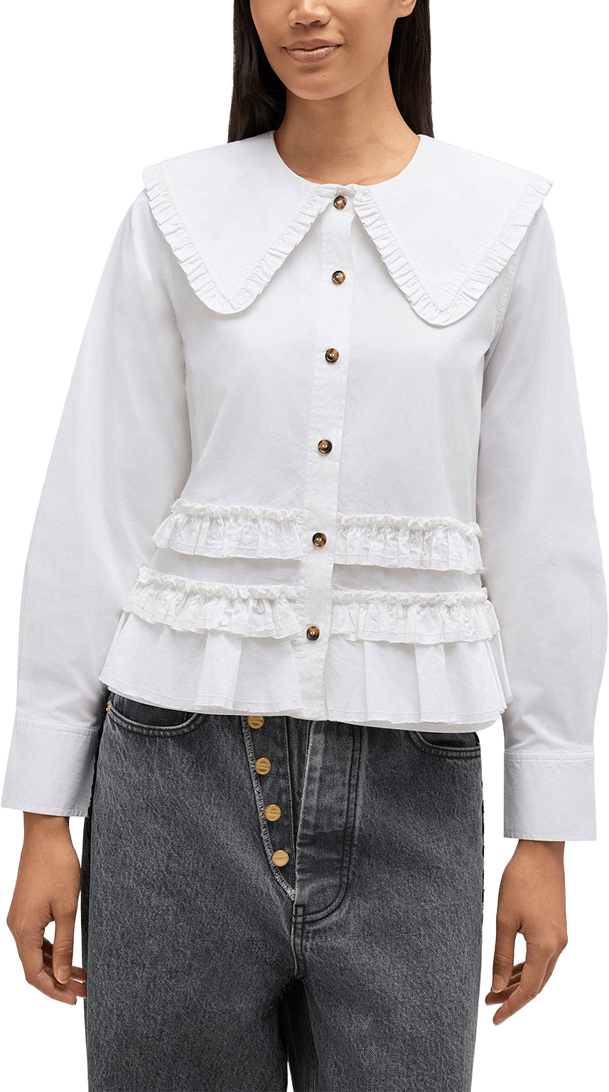 Stretch Cotton Shirt w. Frills, från GANNI, i färgen Snow White.