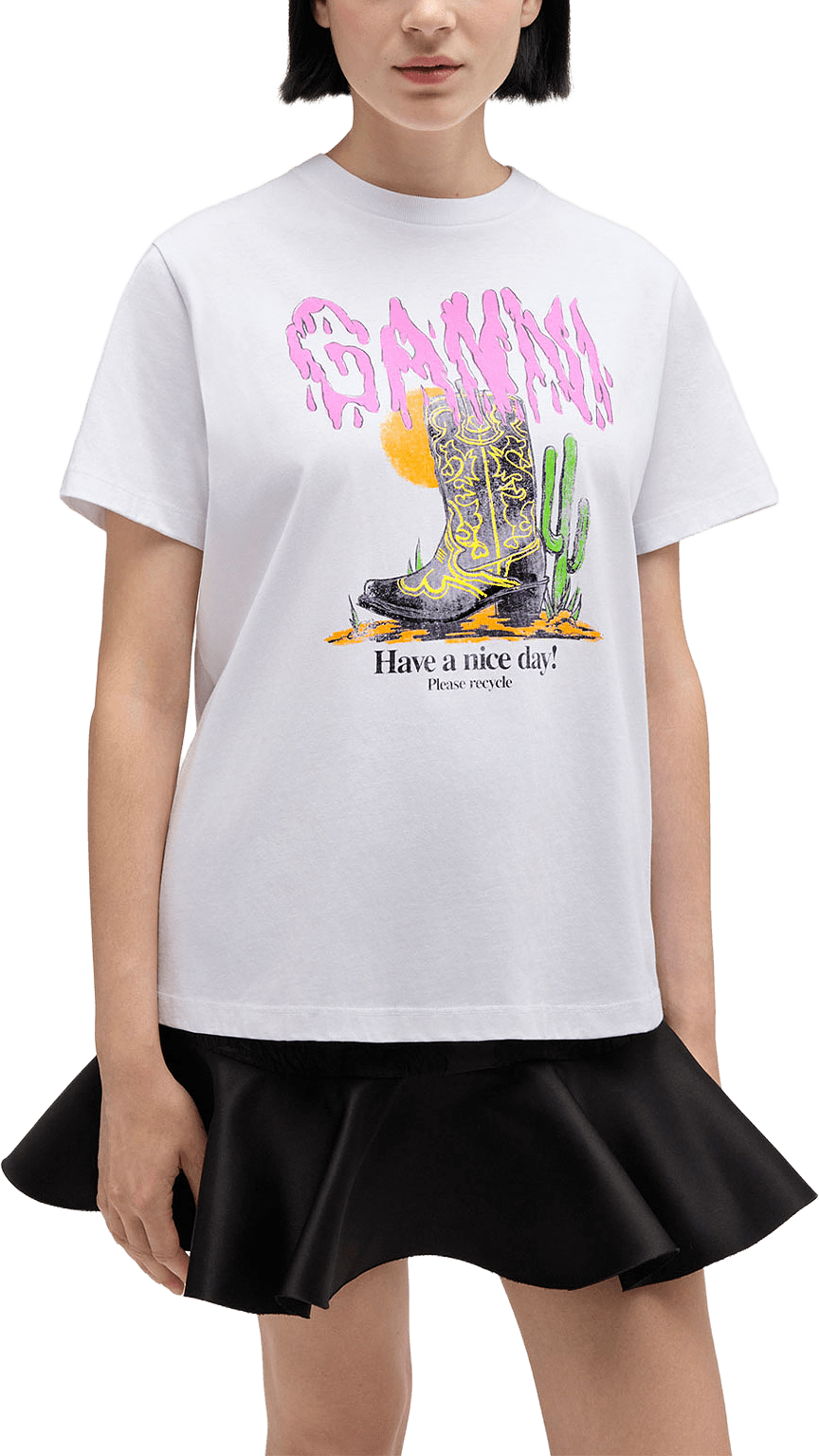 Basic Cotton Jersey T-shirt Boots Print, från GANNI, i färgen Bright White.