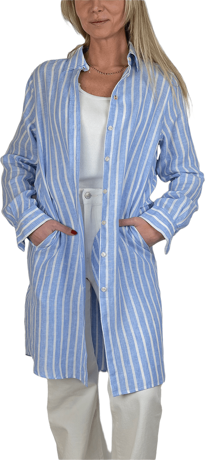 Bea Randig Linneklänning, från Boomerang, i färgen Worker Blue.