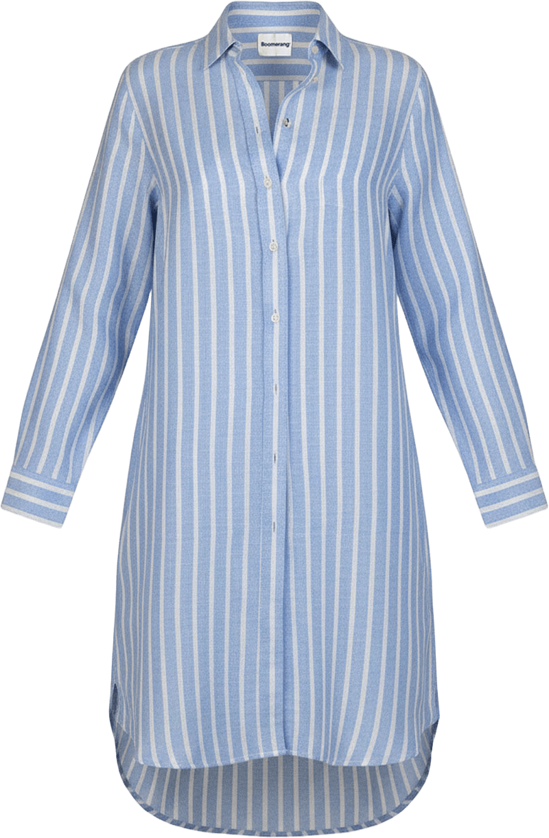 Bea Randig Linneklänning, från Boomerang, i färgen Worker Blue.