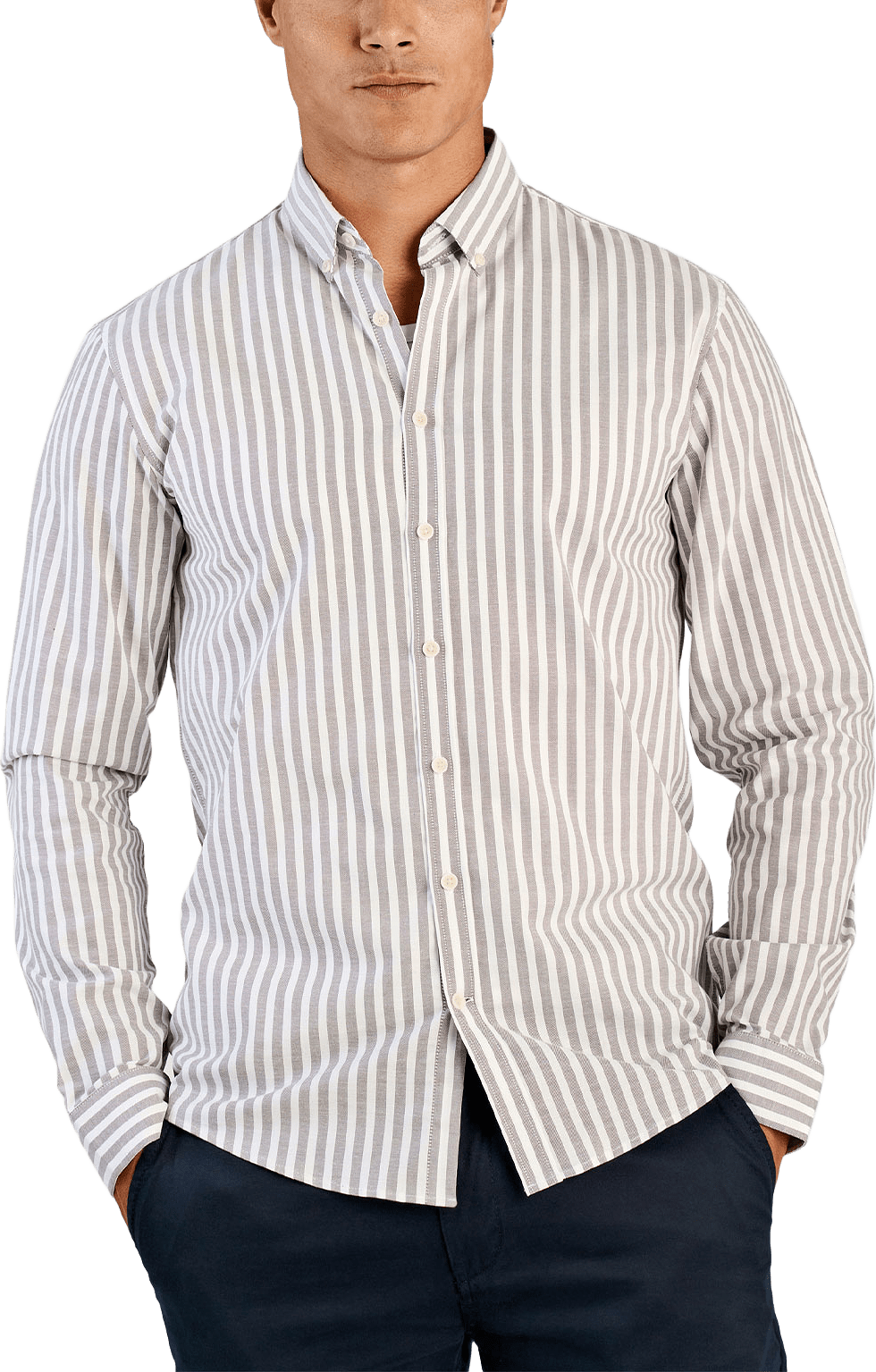 Striped Superflex Oxford L/S, från Lindbergh, i färgen Dk Stone.