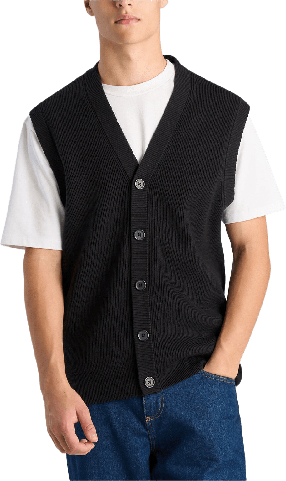 Rib v-neck button slipover Knit, från Lindbergh, i färgen Black.