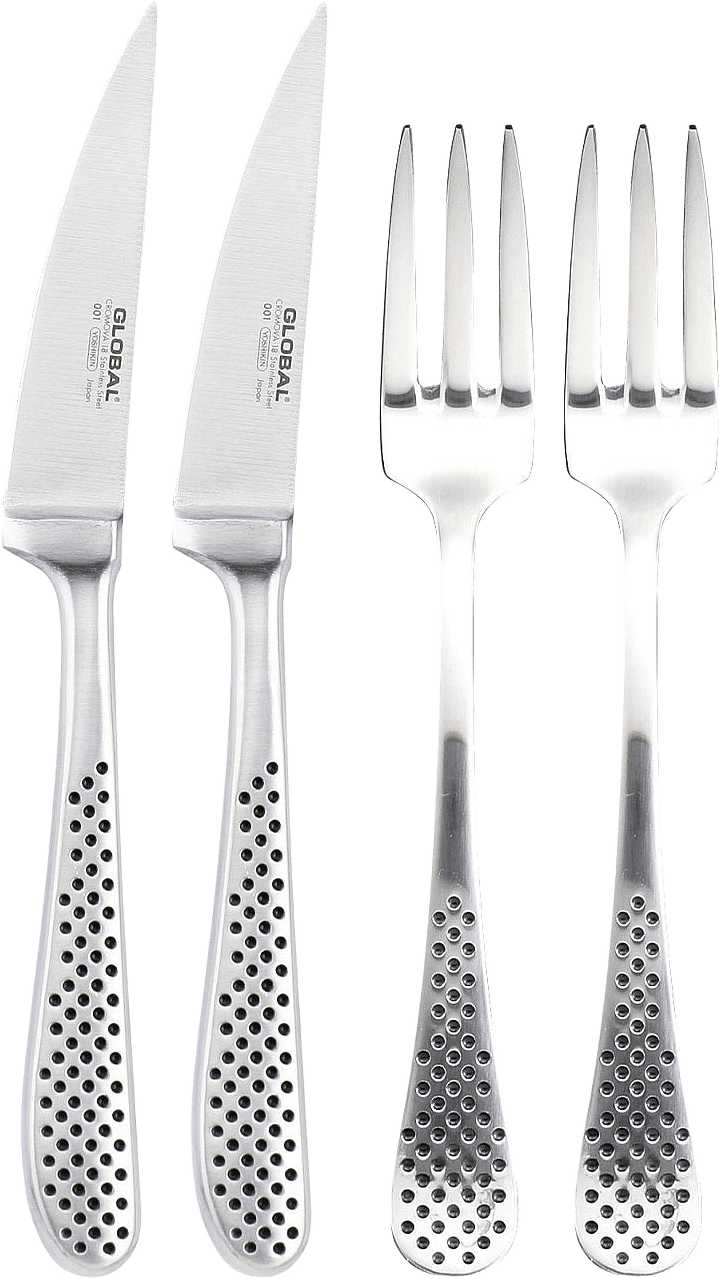 Bestick 2 gaffel, 2 kniv, från Global, i färgen Rostfri.