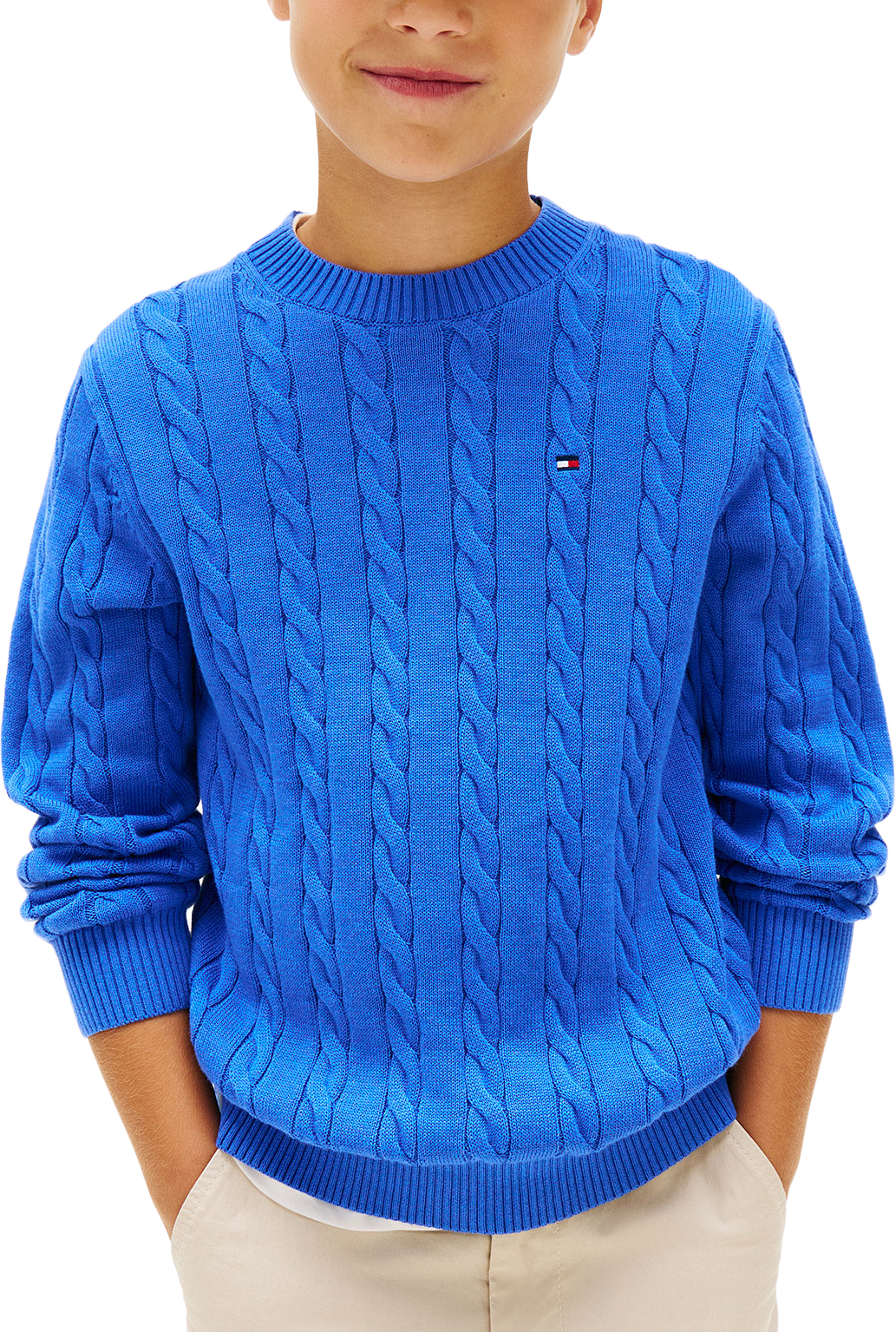 Kabelstickad pullover, från Tommy Hilfiger, i färgen Empire Blue.