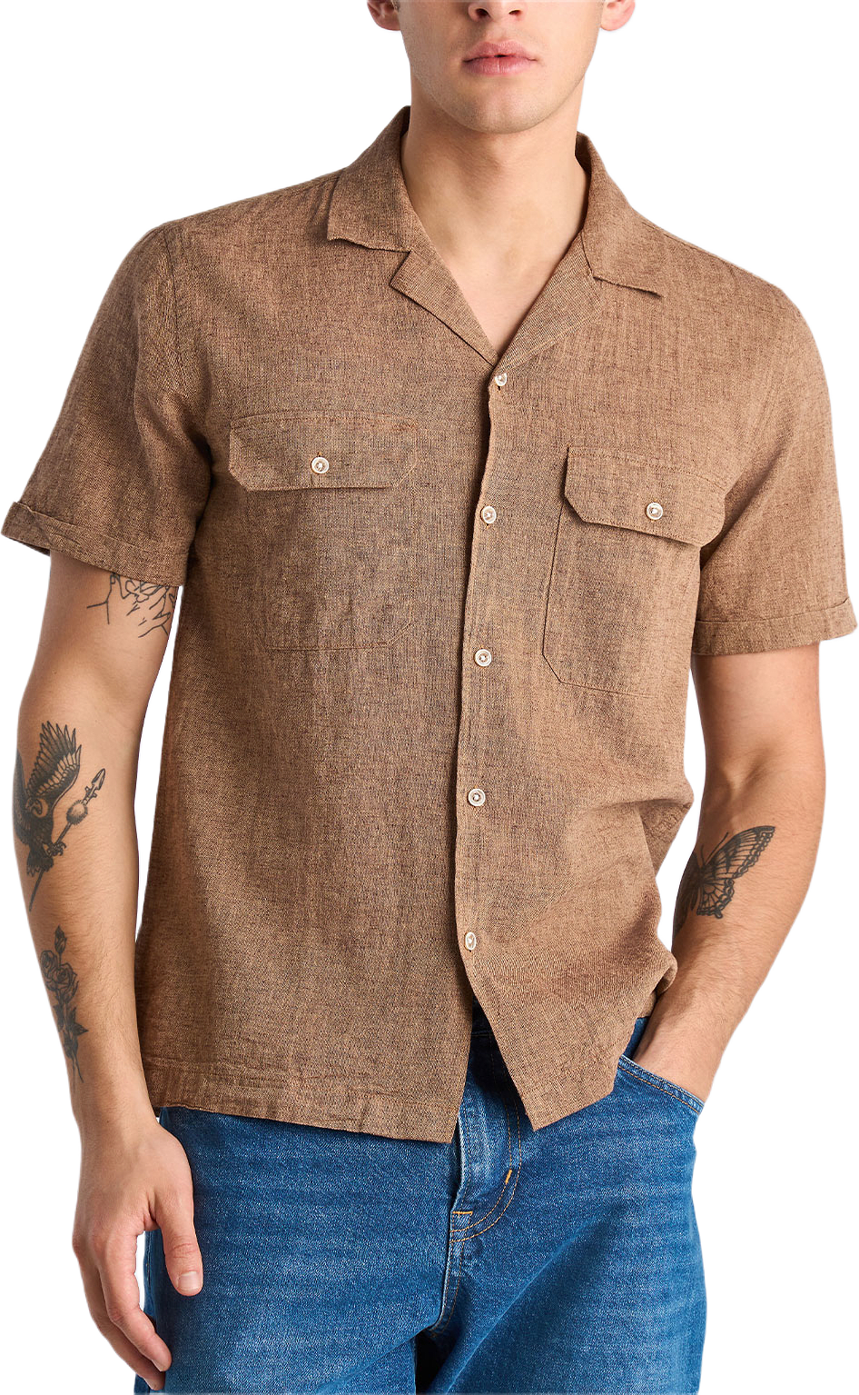 Cotton/linen shirt S/S, från Lindbergh, i färgen Brown.