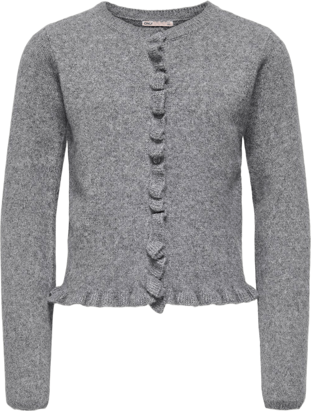 KOGSHELDA LIFE LS O-NECK RUFFLE CAR, från Only, i färgen Medium Grey Melange.