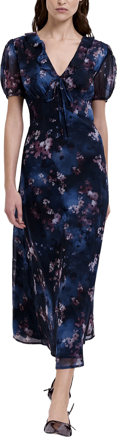 Clara Emina Puff Sleeve Midi Smock Dress, från French Connection, i färgen Navy Multi.