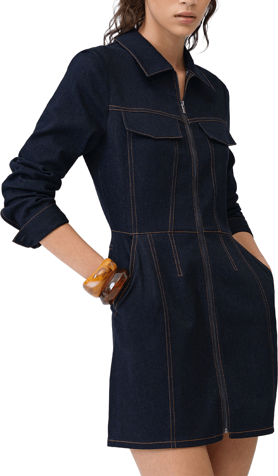 Yami Raw Wash Denim Zip Through Dress, från French Connection, i färgen Raw Indigo.