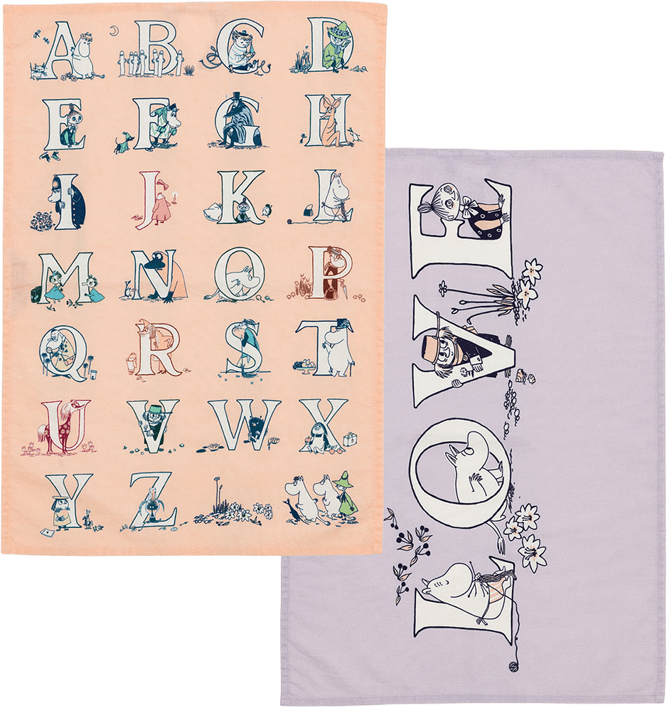Mumin kökshandduk set 50x70 Alfabet GOTS, från Arabia, i färgen Flerfärgad.