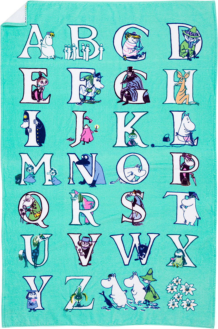 Mumin badhand. 85x150 Alfabet GOTS, från Arabia, i färgen Flerfärgad.