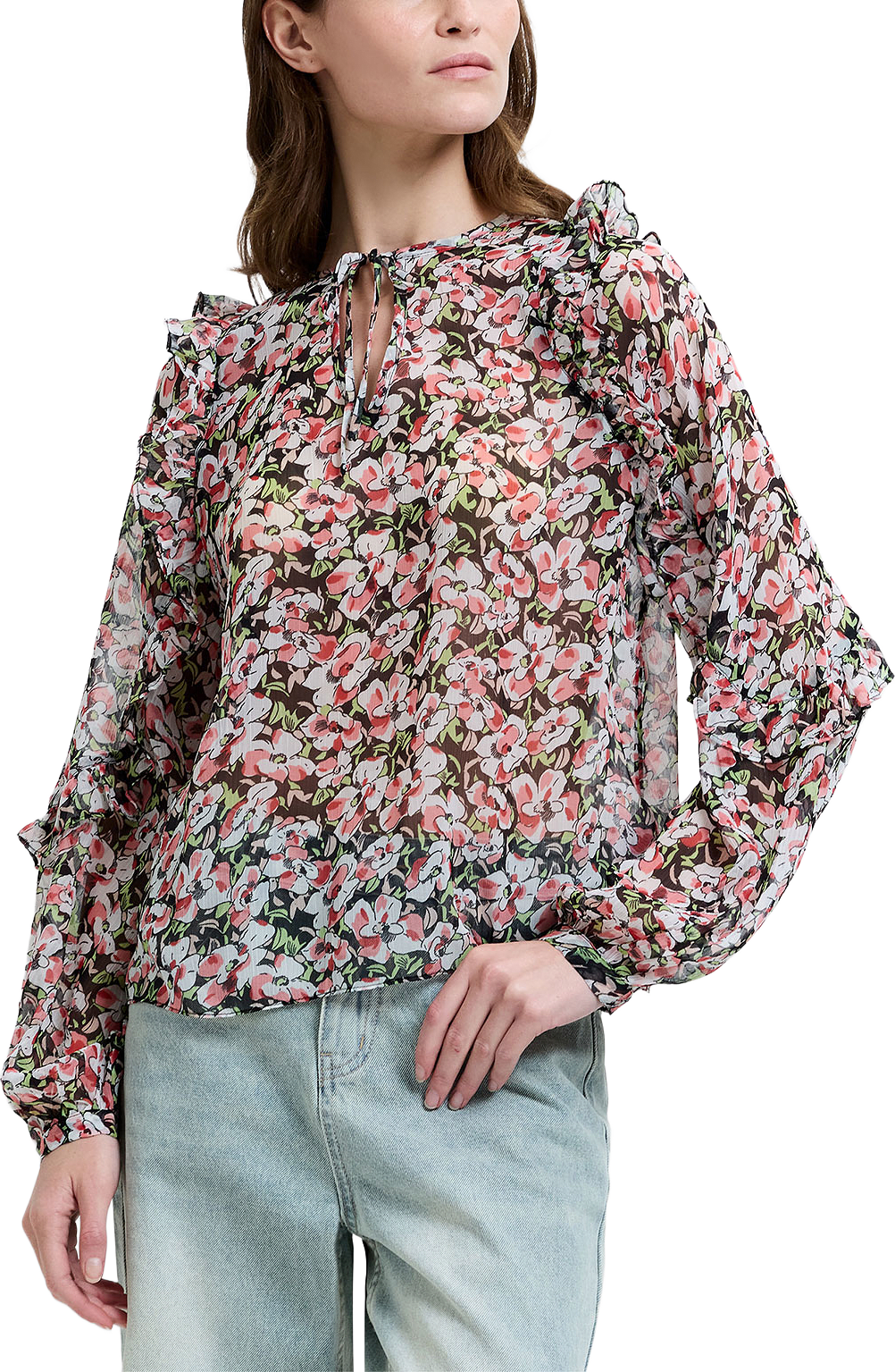 Molly Emina Ruffle Sleeve Top, från French Connection, i färgen Black Multi.