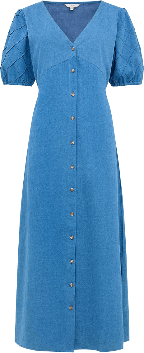 Zaves Chambray Puff Sleeve Midi Dress, från French Connection, i färgen Medium Bleach Wash.