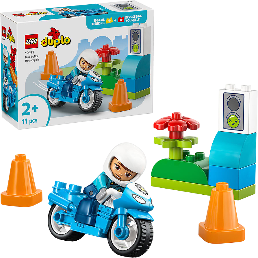 Blå polismotorcykel, från LEGO.