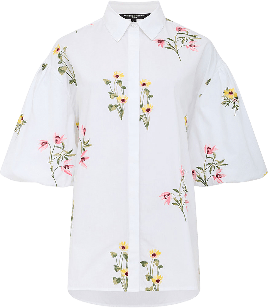 Cambria Cotton Floral Embroidered Puff Sleeve Shirt, från French Connection, i färgen White Multi.