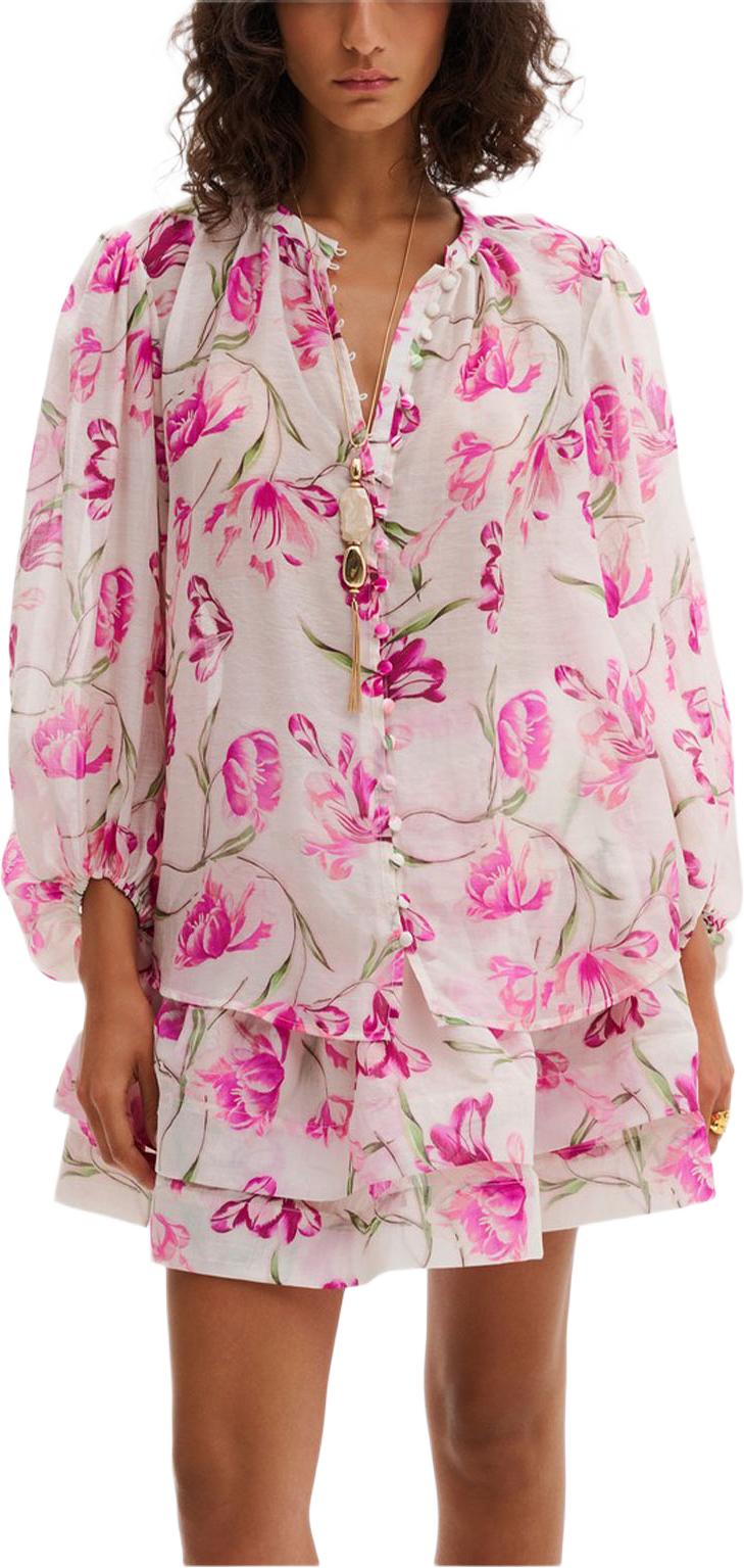 Minoa Balloon Slevee Sheer Blouse, från Malina, i färgen Tulip Pink3.