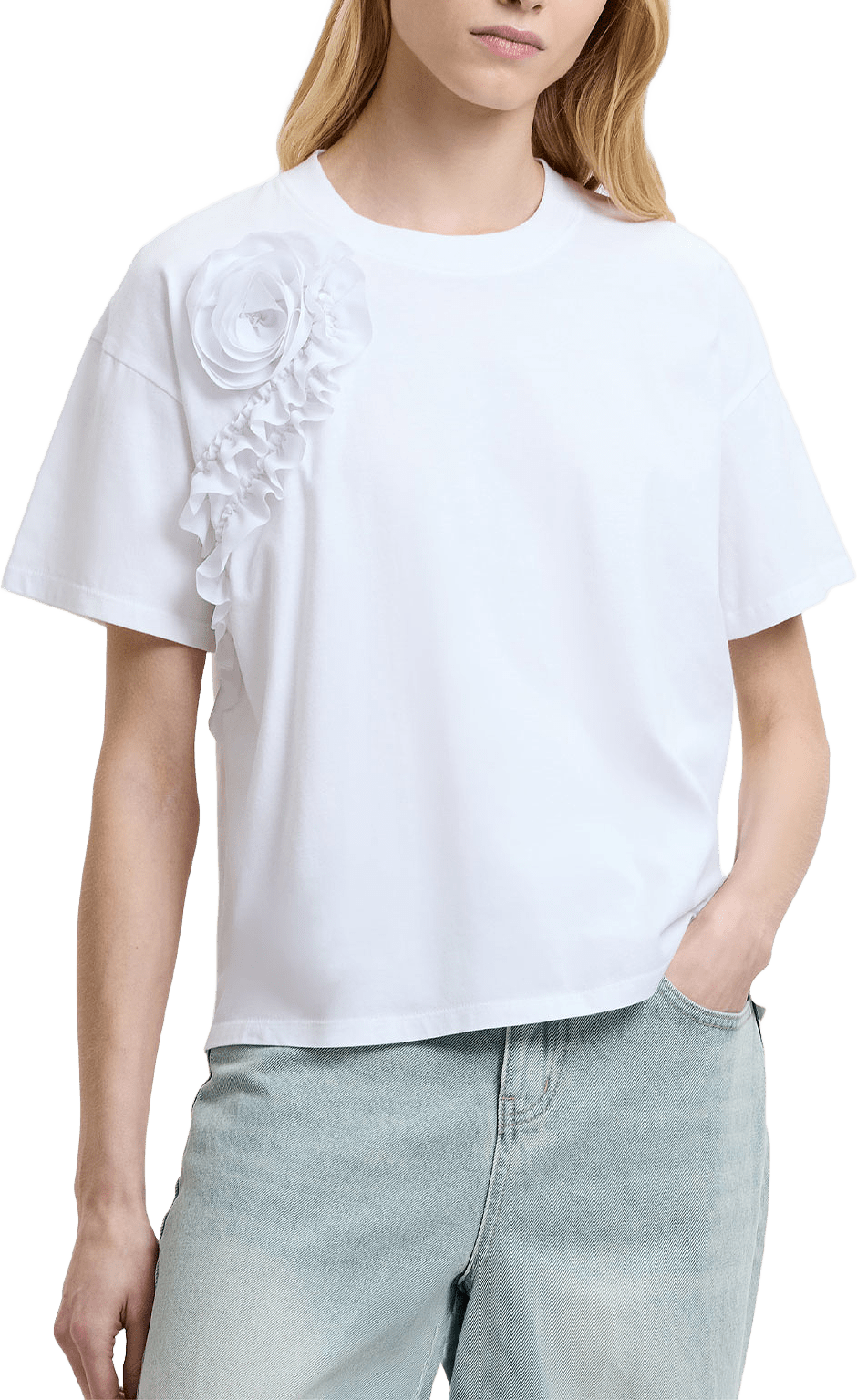 Cotton Crepe Mix Ruffle T-Shirt, från French Connection, i färgen Bright White.