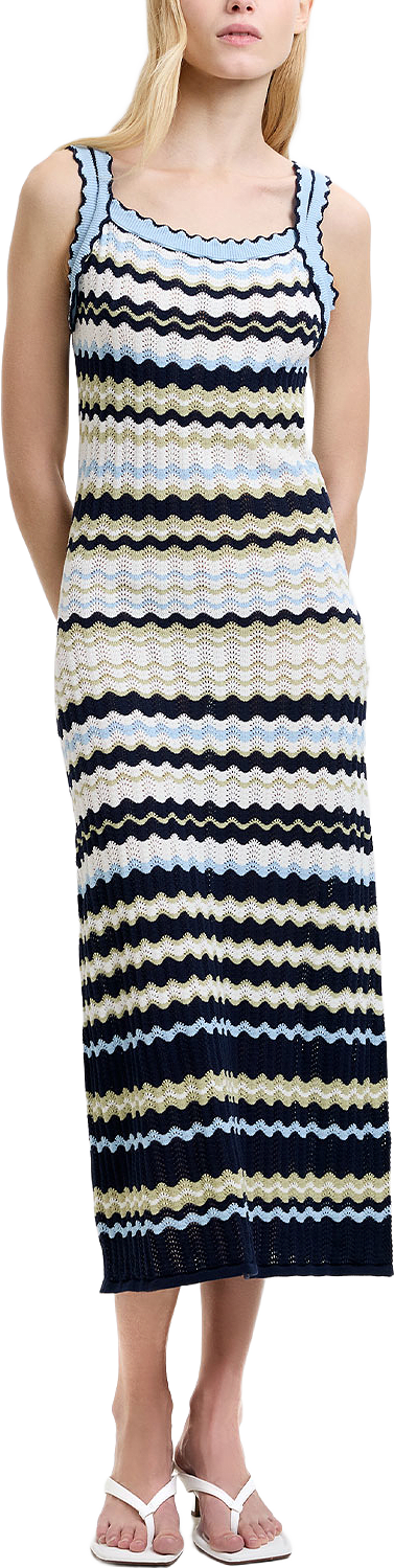Striped London Knit Midi Dres, från French Connection, i färgen Summer White/Blue.