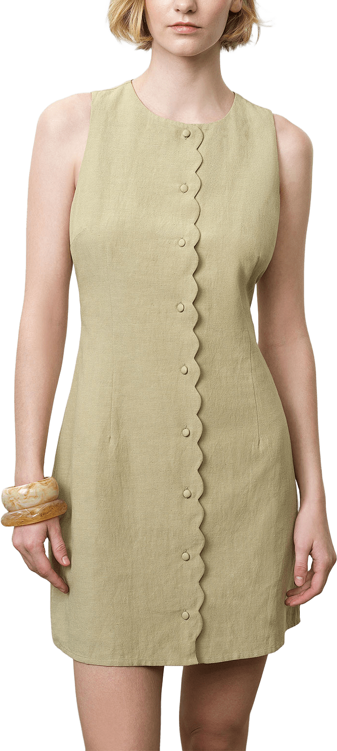 Calissa Scallop Button Front Mini Dress, från French Connection, i färgen Summer Sage.