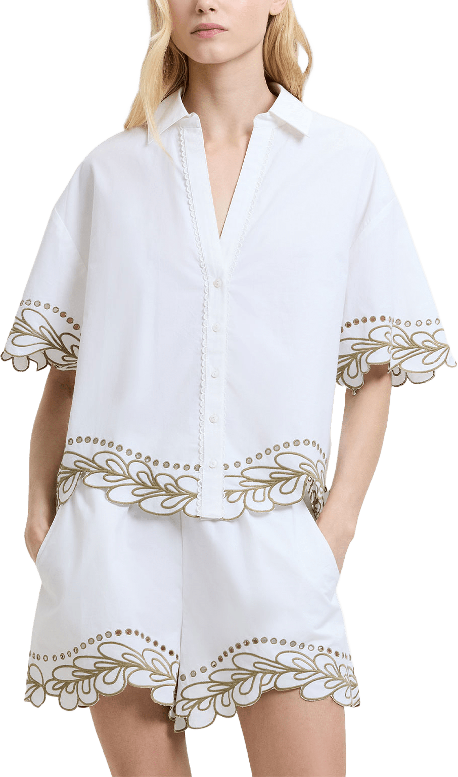 Alissa Cotton Embroidered Trim Shirt, från French Connection, i färgen Linen White/Summer Sage.