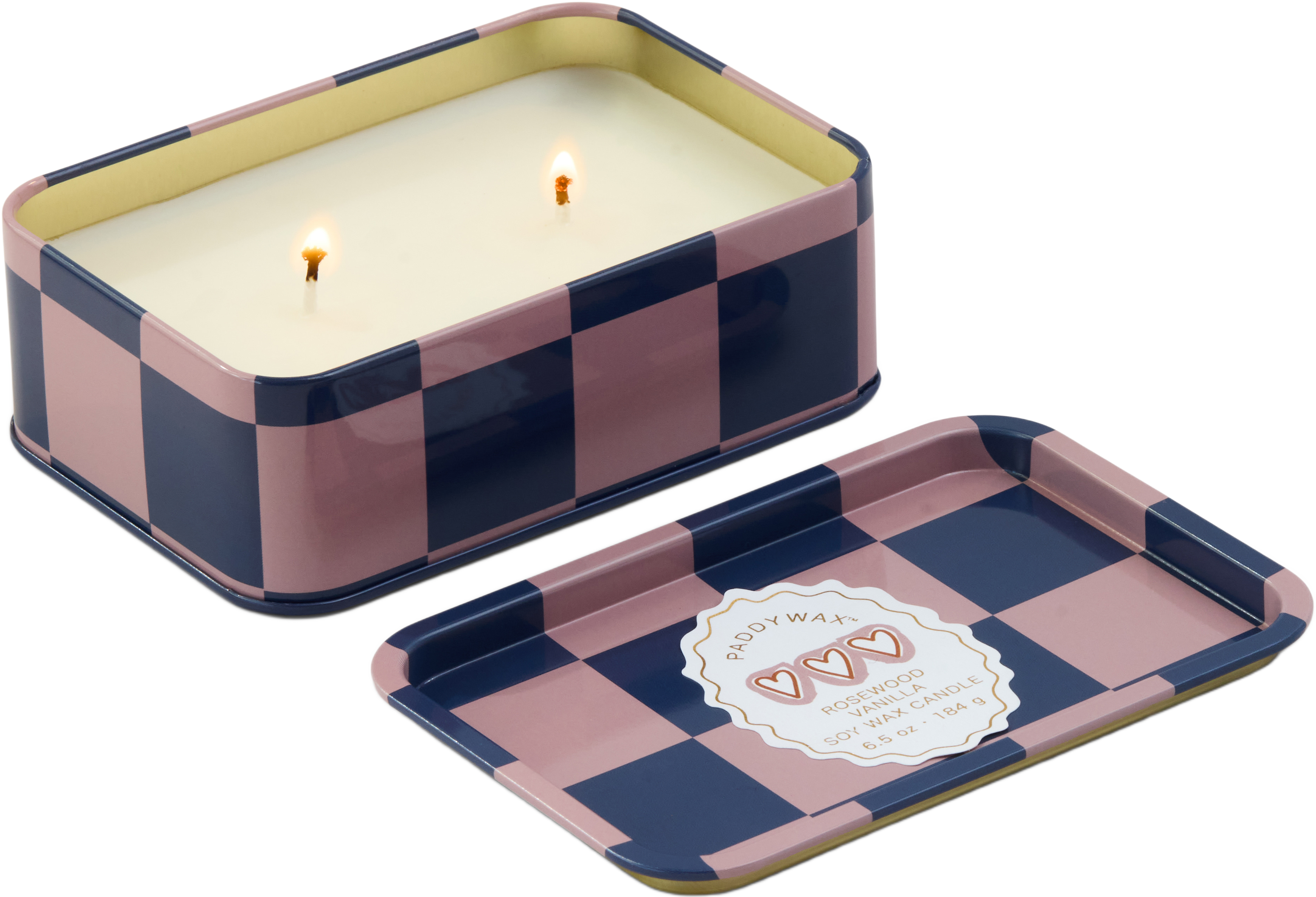 Doftljus plåtask Adopo Hearts Printed Tin Candle - Rosewood Vanilla, från Paddywax.