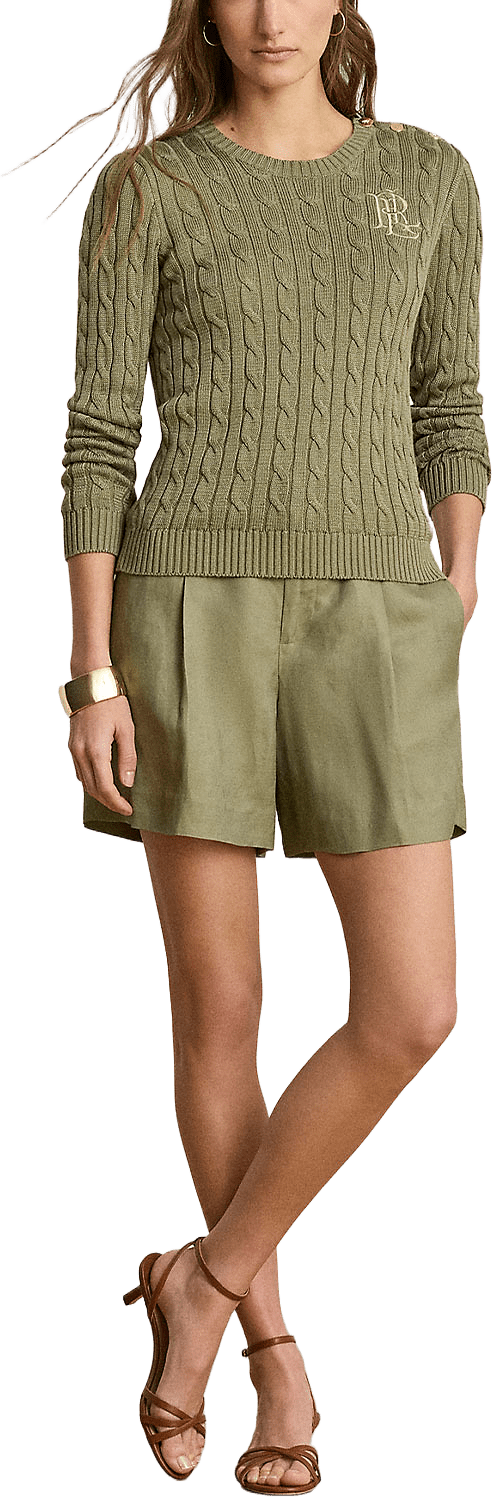 Button-Trim Cable-Knit Sweater, från Lauren Ralph Lauren, i färgen Light Agave.