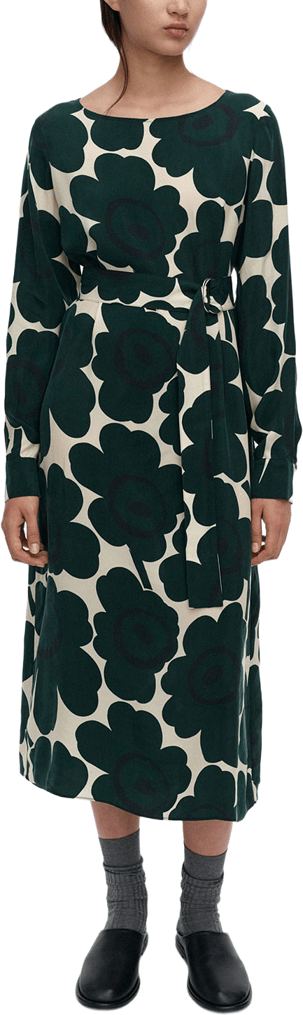 Satunnainen Unikko, från Marimekko, i färgen Dark Green, Light Yellow.