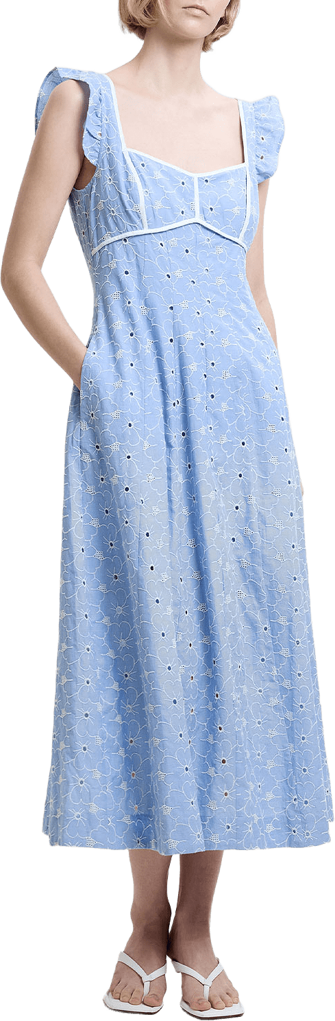 Tamara Broderie Midi Dress, från French Connection, i färgen Blue Chambray / White.