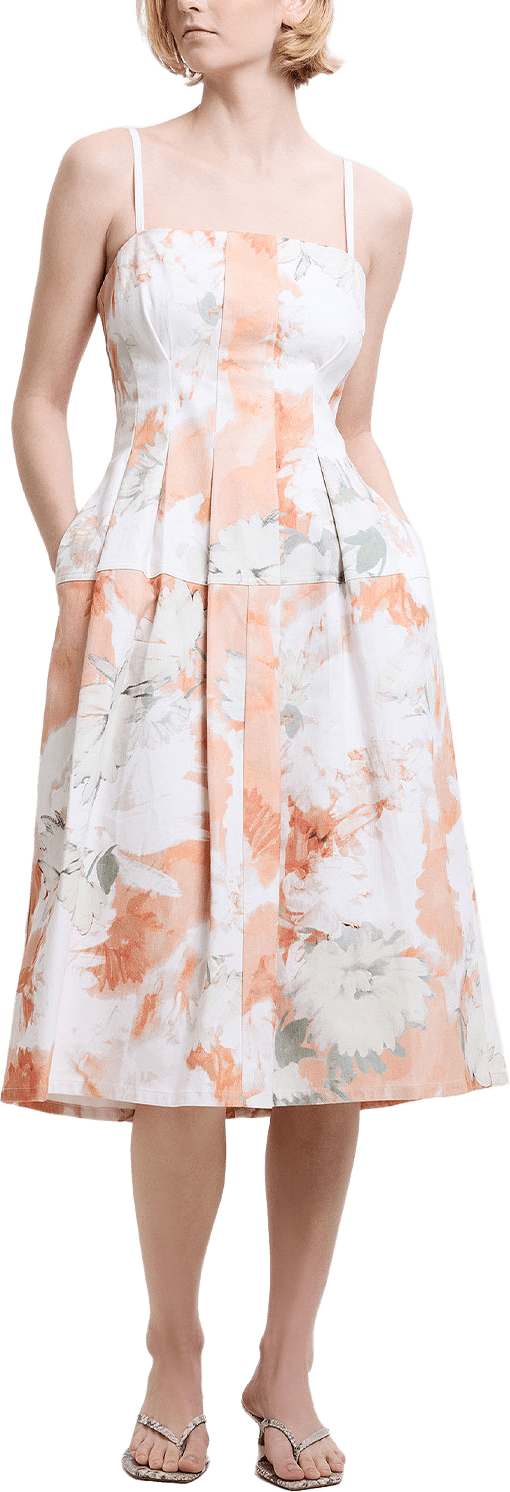 Feo Printed Denim Midi Dress, från French Connection, i färgen Tangerine Orange Multi.