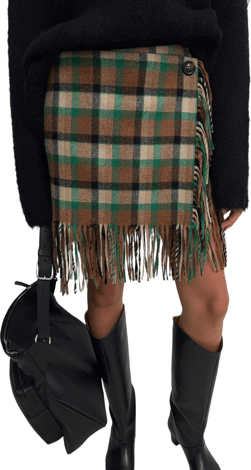Aera Check Fringe, från Rodebjer, i färgen Nutty/Leaf Green.