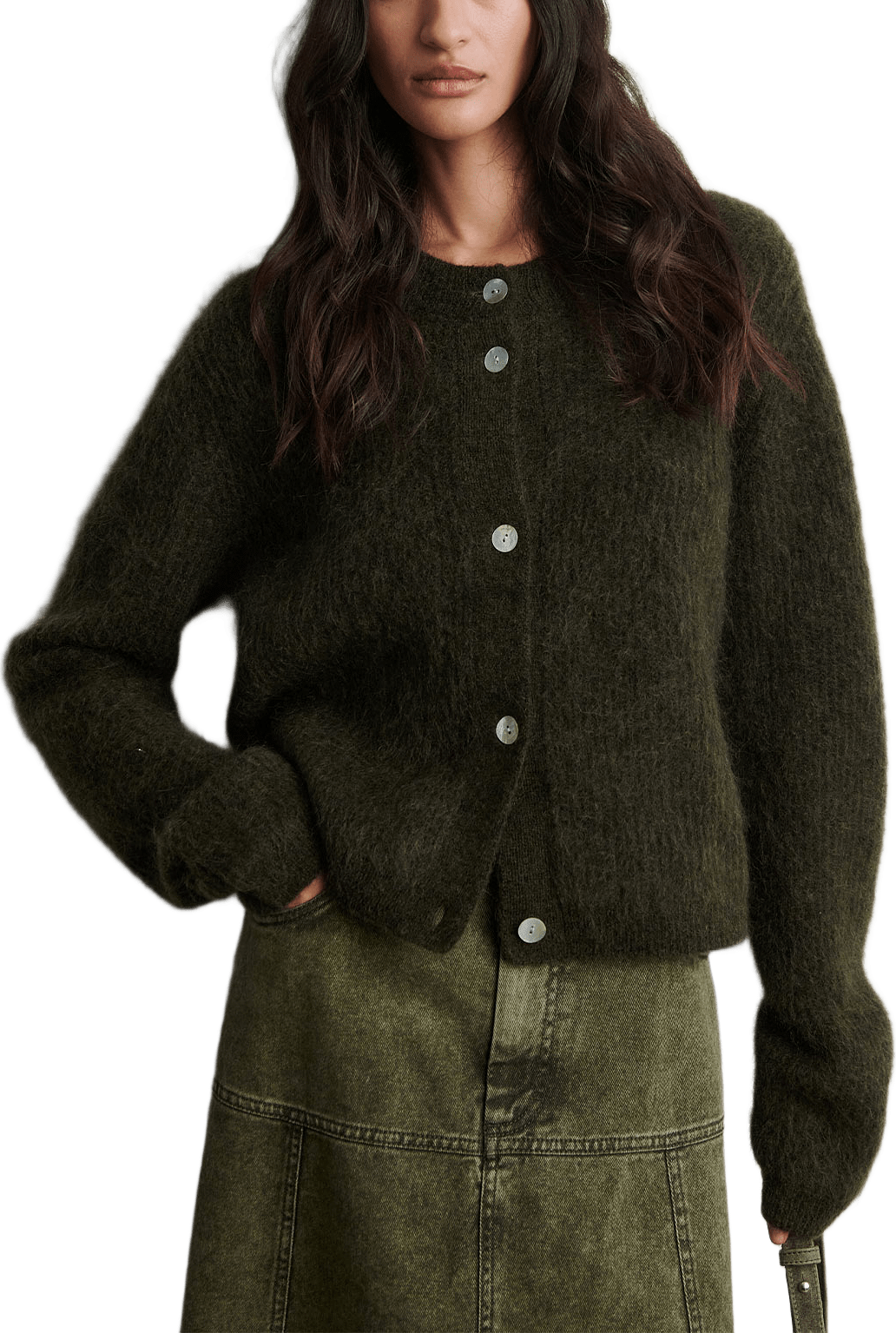 Andrea Knit Rib LS Cardigan, från Second Female, i färgen Black Olive.