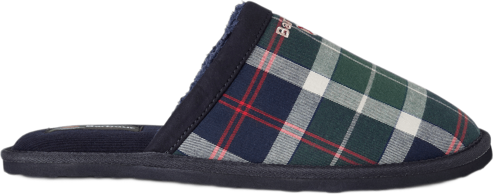 Everitt Tartan Mule Slipper, från Barbour, i färgen Evergreen Festive Tartan.