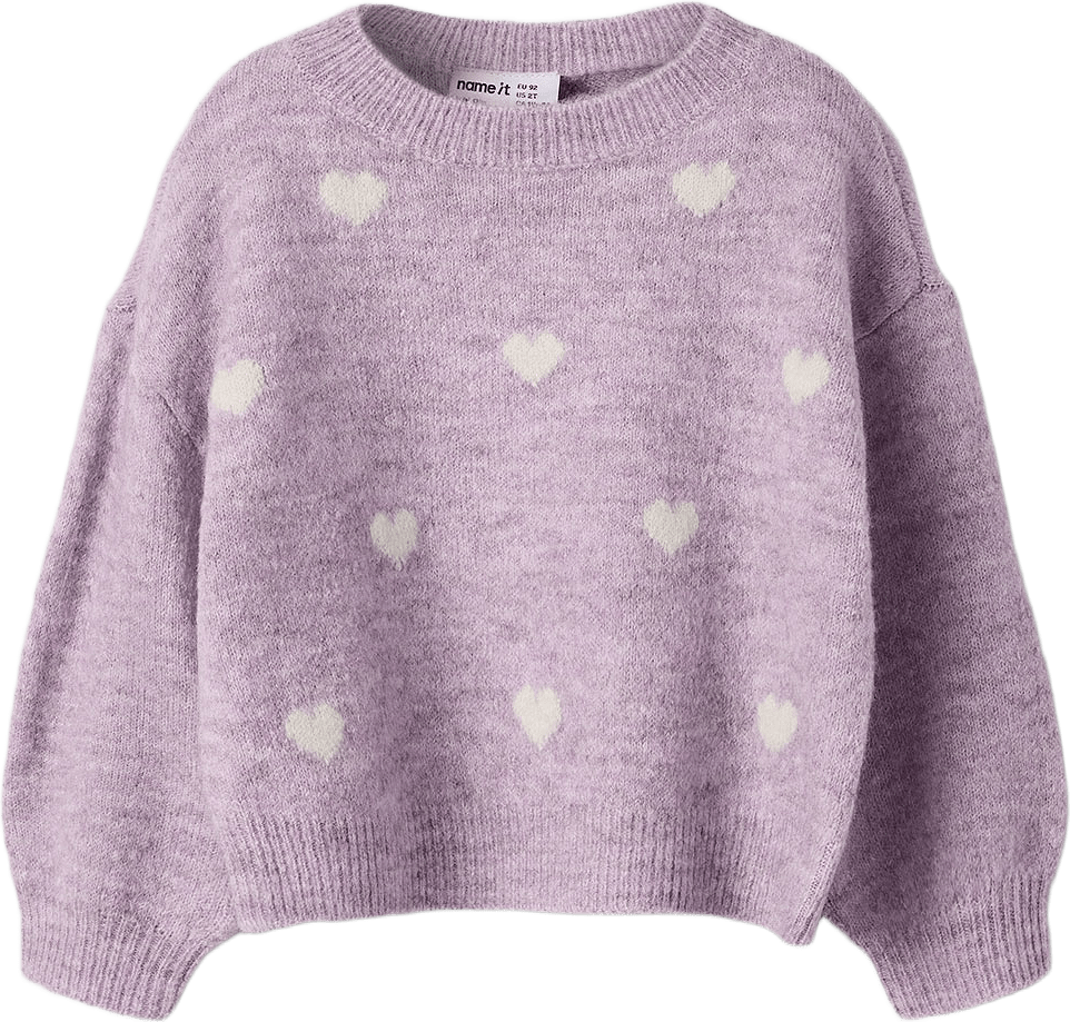 Nmfogusse Knit, från Name It, i färgen Mauve Shadows Birch Hearts.