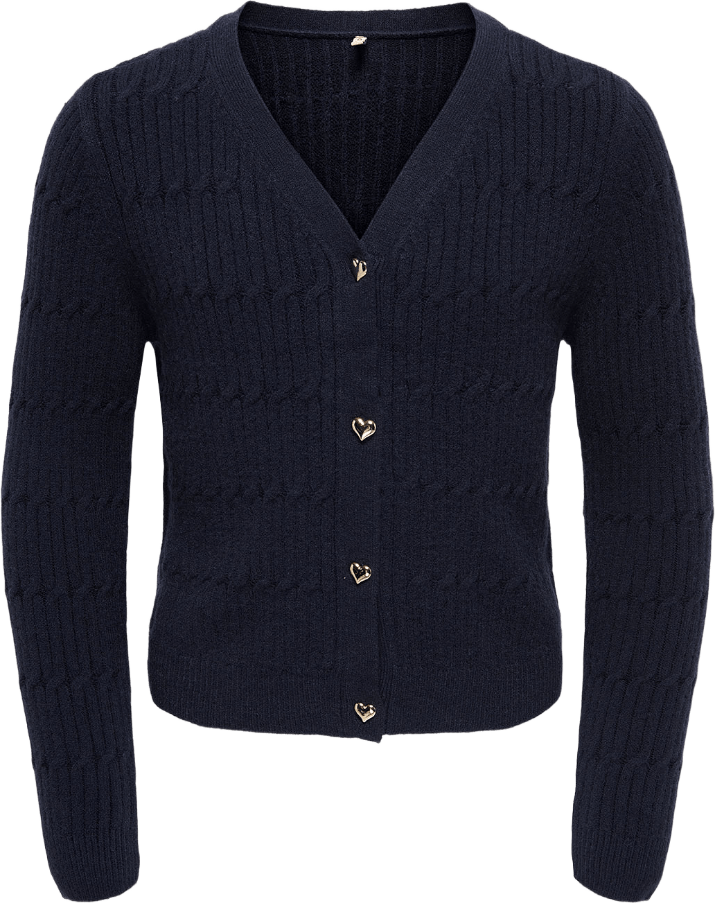 Katia Cable V-Neck Cardigan, från Only, i färgen Night Sky Melange/Gold Heart Buttons.