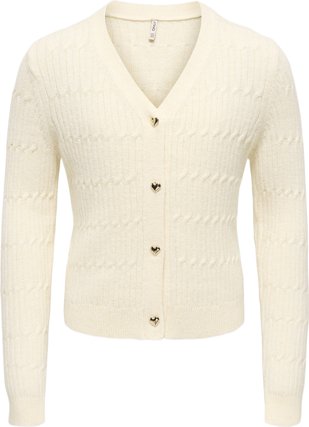 Katia Cable V-Neck Cardigan, från Only, i färgen Whitecap Gray Melange/Gold Heart Buttons.
