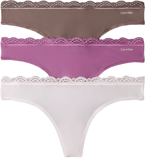 3 pack Trosa i String modell, i skön Micro stretch med vacker spetskant., från Calvin Klein, i färgen Iron/ Crystal Blush/ Dusty Orchid.