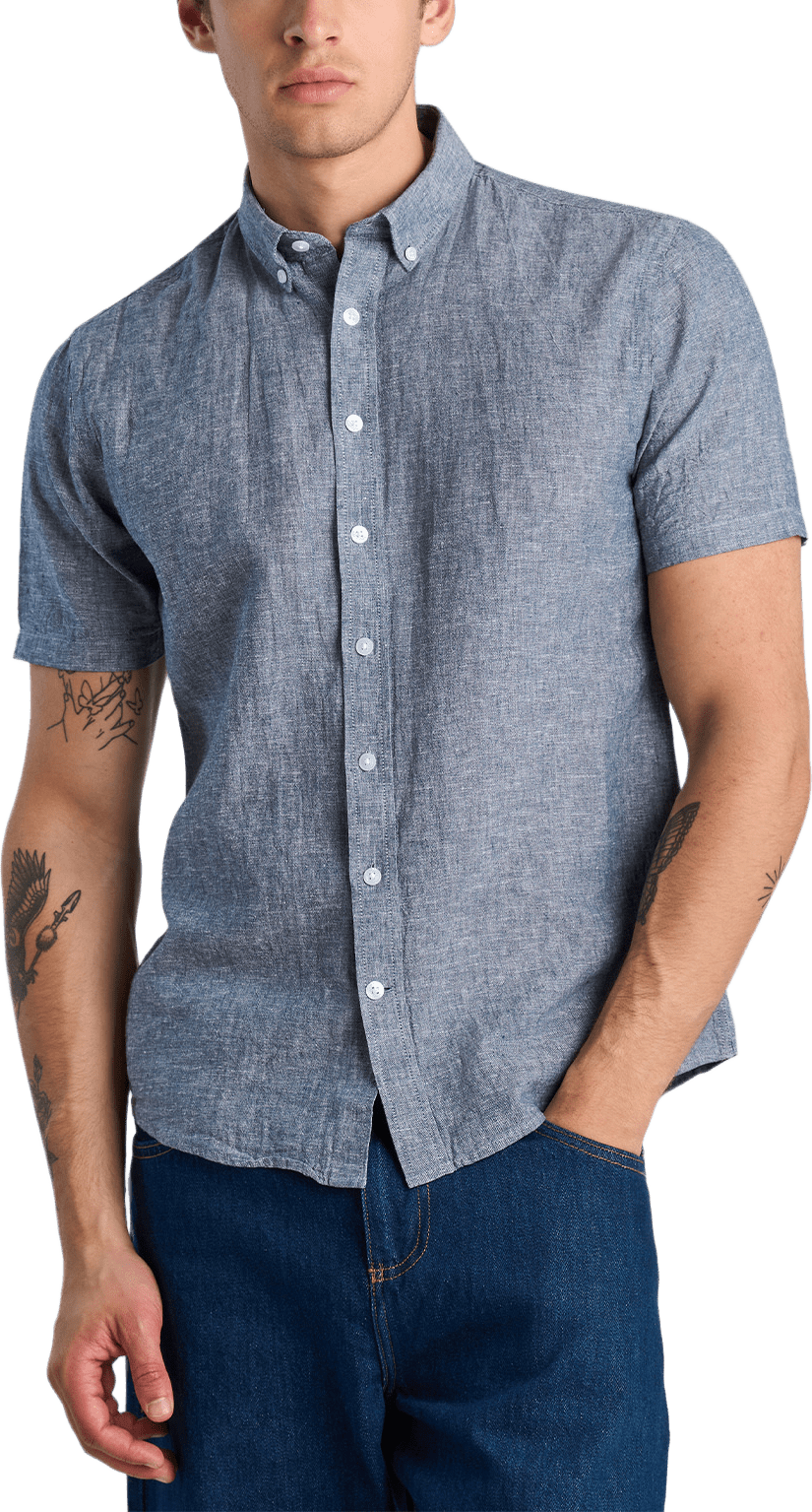 Linen/cotton S/S Shirt, från Lindbergh, i färgen Dk Blue.