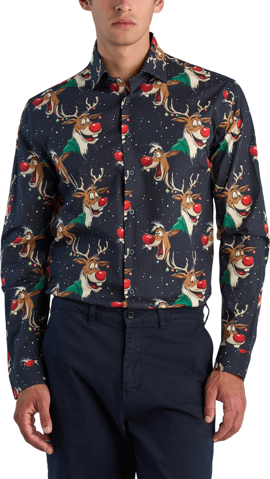 AOP Christmas Shirt L/S, från Lindbergh, i färgen Dk Blue.