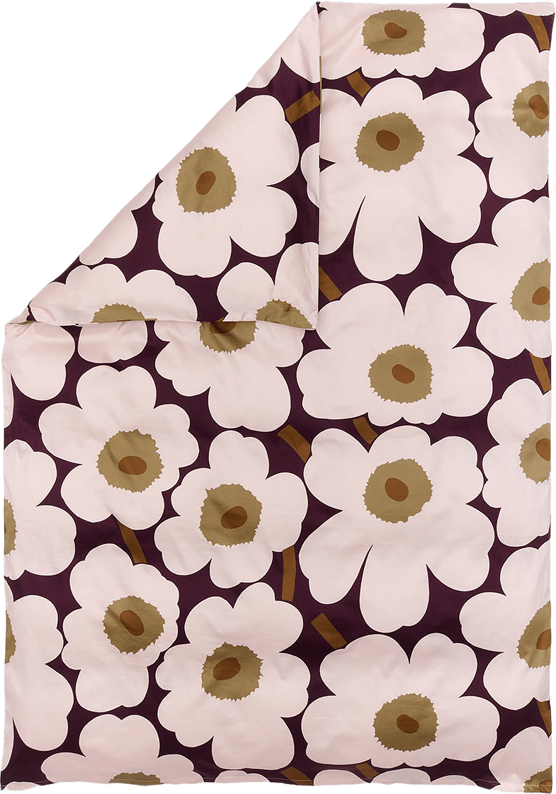 Unikko Satinpåslakan 150x210 cm, från Marimekko, i färgen Plum, Pink, Elmwood, Toffee.