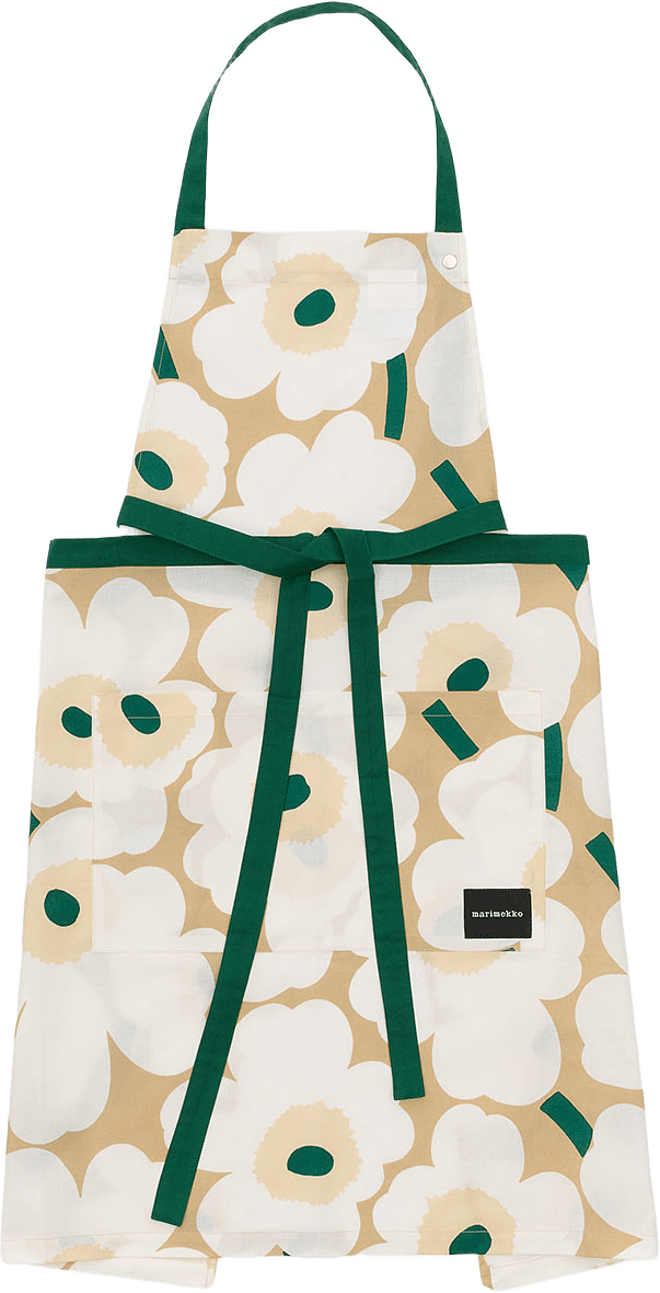 Pieni Unikko Förkläde, från Marimekko, i färgen Sand, White, Hay, Emerald.