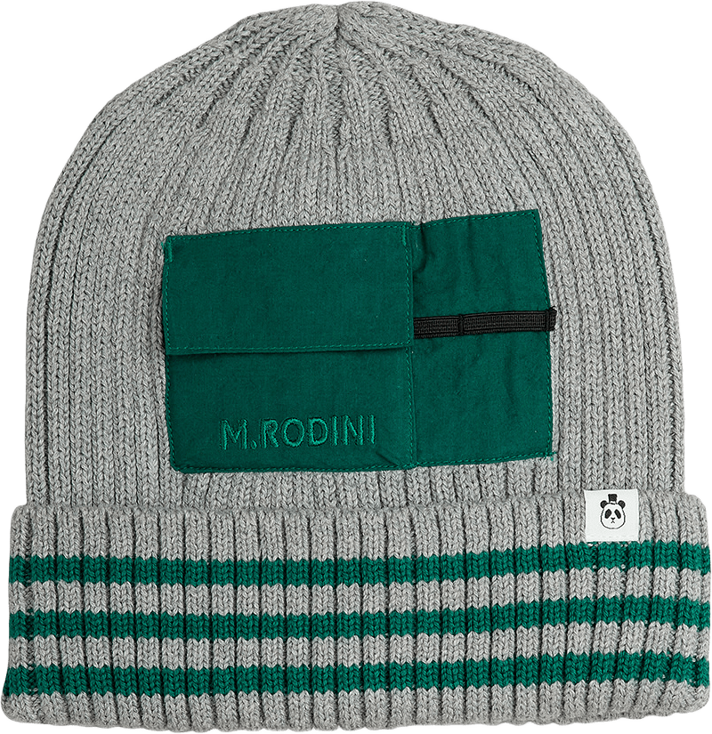 Knitted cotton beanie with pocket, från Mini Rodini, i färgen Grey Melange.