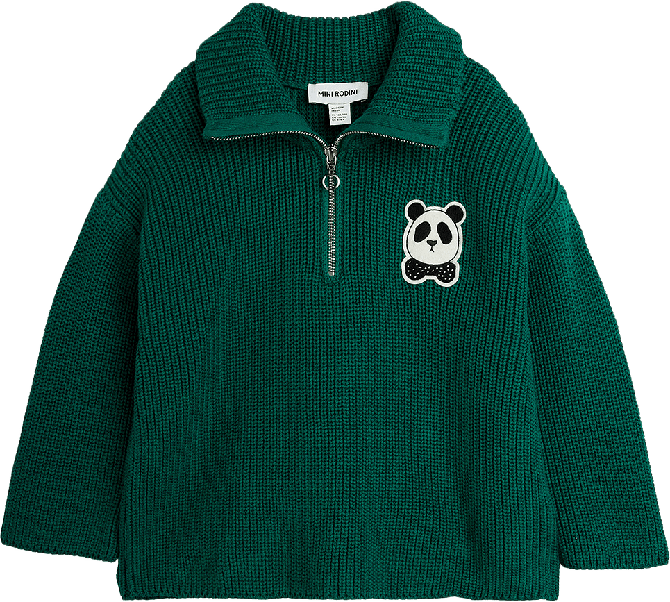 Panda patch chunky knit half zip sweater, från Mini Rodini, i färgen Green.