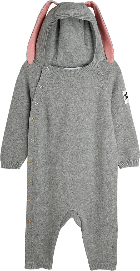 Rabbit ear fine knit baby jumpsuit, från Mini Rodini, i färgen Grey Melange.