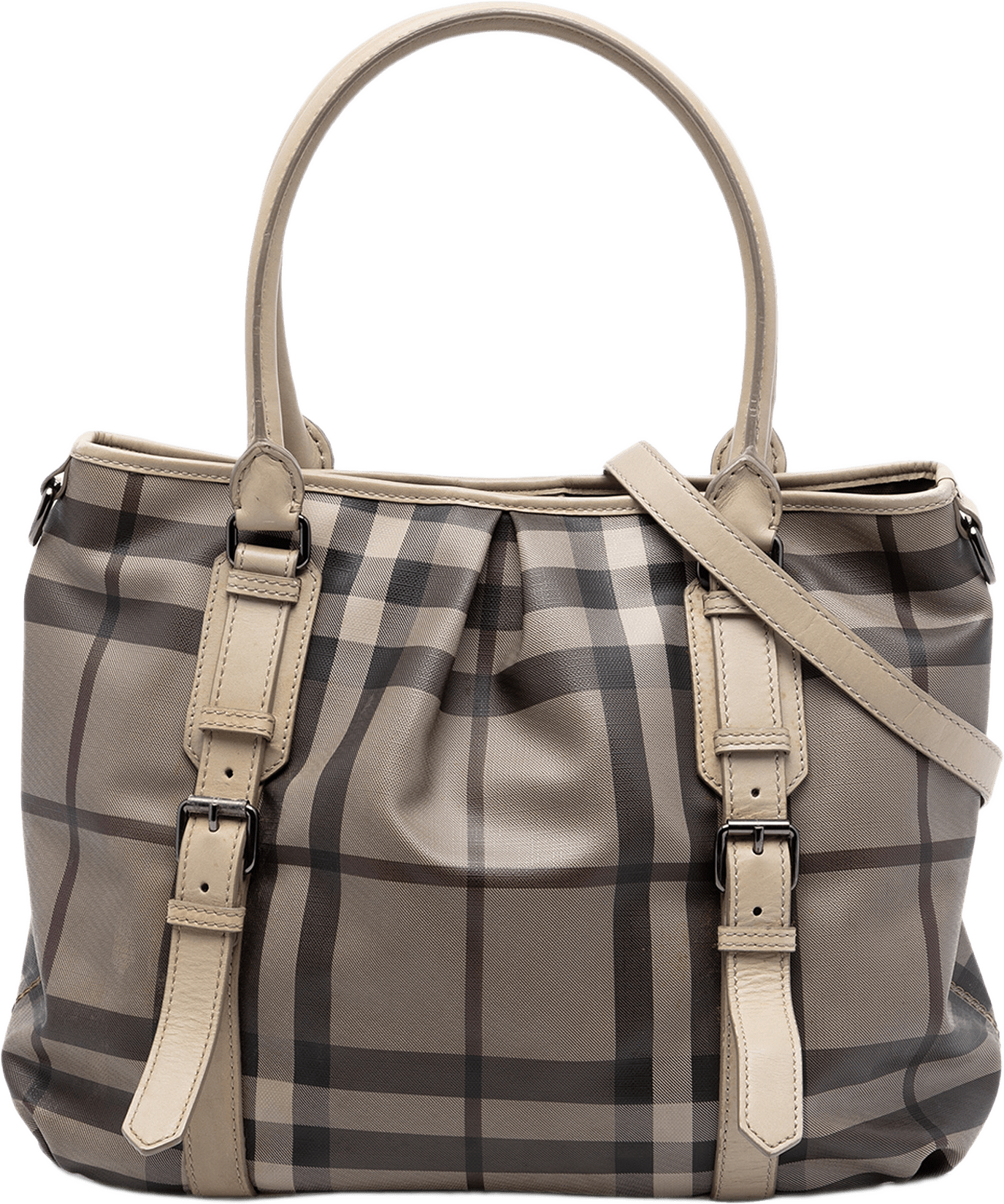 Burberry Smoked Check Coated Canvas Satchel, från Luxclusif, i färgen beige.