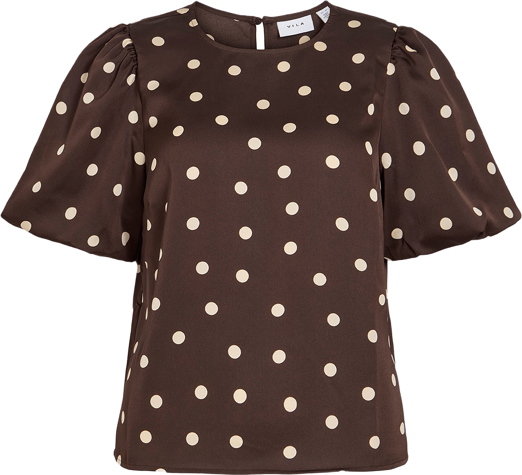 Viellette Satin Puff Topp, från Vila, i färgen Coffee Bean Sandshell Dots.