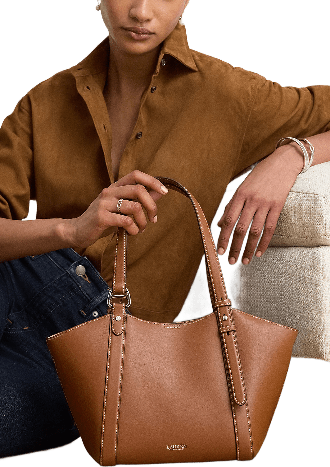 Nappa Leather Small Tasha Tote Bag, från Lauren Ralph Lauren, i färgen Lauren Tan.